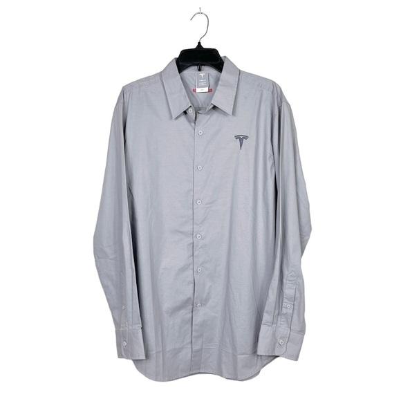 NWOT Tesla Shirt Gray Button Up Long Sleeve Casual Embroidered Logo Men's Large - Picture 1 of 5